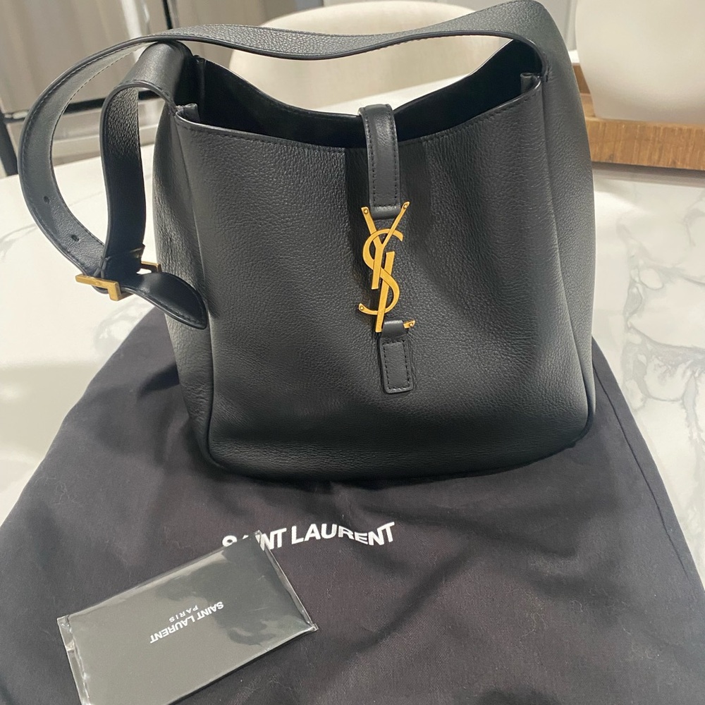 Saint Laurent Black Shoulder Bag with Gold Logo and Adjustable Strap